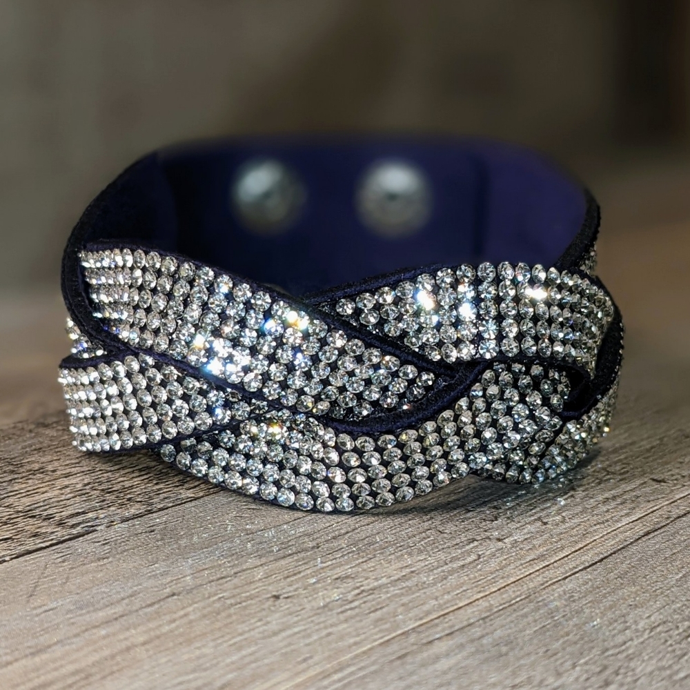 A16 New Bright Crystal Rhinestones Dark Blue Braided Wrap Bracelet Sparkly A16
